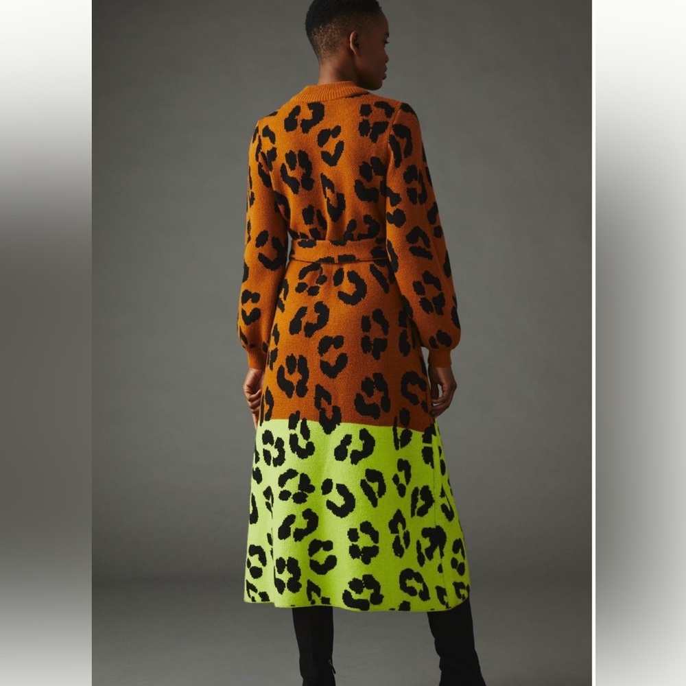 Farm Rio by Anthro Maxi Sweater Dress in Tan and Neon yellow leopard size L - Picture 3 of 8